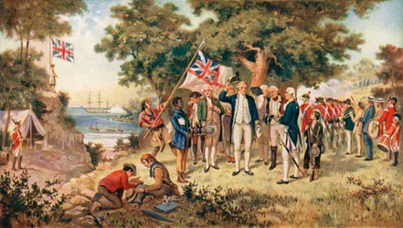 El Capitán Cook tomando posesión del continente australiano en nombre de la Corona Británica, 1770